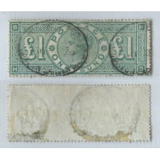 INGLATERRA 1887 Yv. 105 ESTAMPILLA DE 1 LIBRA VICTORIA VERDE DE MUY BUENA CALIDAD SOLO UNAS MANCHITAS AL DORSO DONDE EL MATASELLO TUVO MAS AGARRE A LA ENCOMIENDA, SUMAMENTE RARA EN Yvert 750 EUROS 800 LIBRAS EN STANLEY GIBBONS